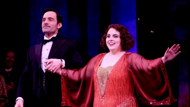 Ramin Karimloo as "Nick Arnstein" and Beanie Feldstein as "Fanny Brice" during the first preview curtain call for the revival of "Funny Girl" on Broadway at The August Wilson Theatre on March 26, 2022 in New York City. 