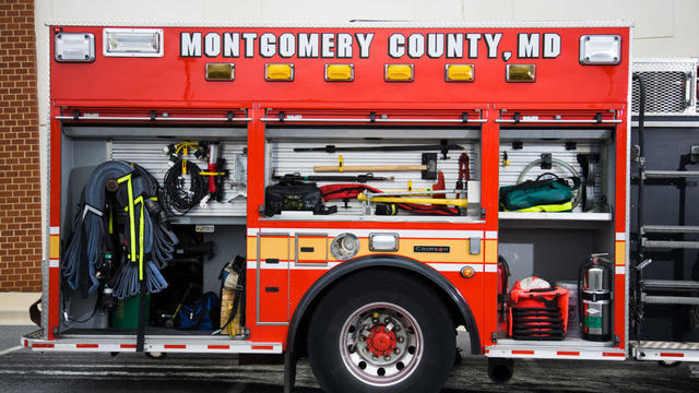 Detail of A Montgomery County Fire Truck Showing the Tool Compartments on the Fire Truck in Rockville Maryland 