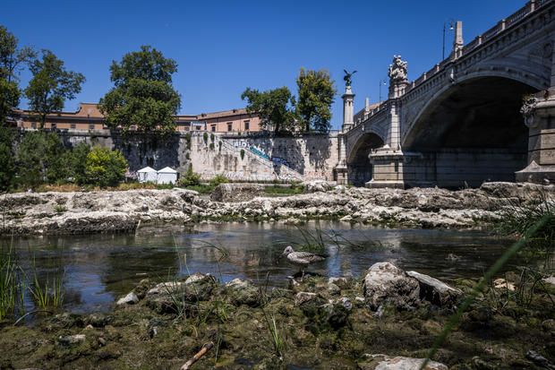 Low water levels in River Tiber in Rome 
