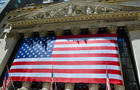 A massive United States flag is seen in Wall Street, New 
