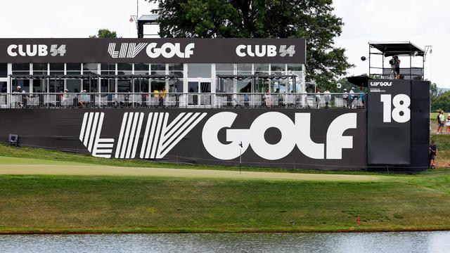 A general view of the 18th green the LIV Golf logo and Club 54 during the 3rd round of the LIV Golf Invitational Series Bedminster on July 31, 2022 at Trump National Golf Club in Bedminster, New Jersey. 