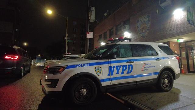 An NYPD vehicle sits outside the 44th Precinct in the Bronx. 