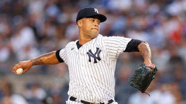 Frankie Montas #47 of the New York Yankees pitches in the first inning against the Toronto Blue Jays at Yankee Stadium on August 18, 2022 in New York City. 