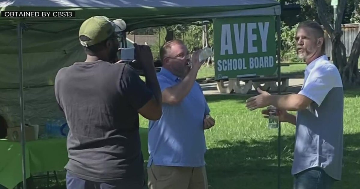 A proud Boy/San Juan Unified School Board candidate confronts another candidate at a park event