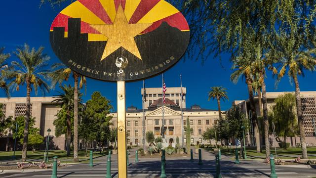 Arizona State Capitol Building at sunrise, Phoenix, State Flag 