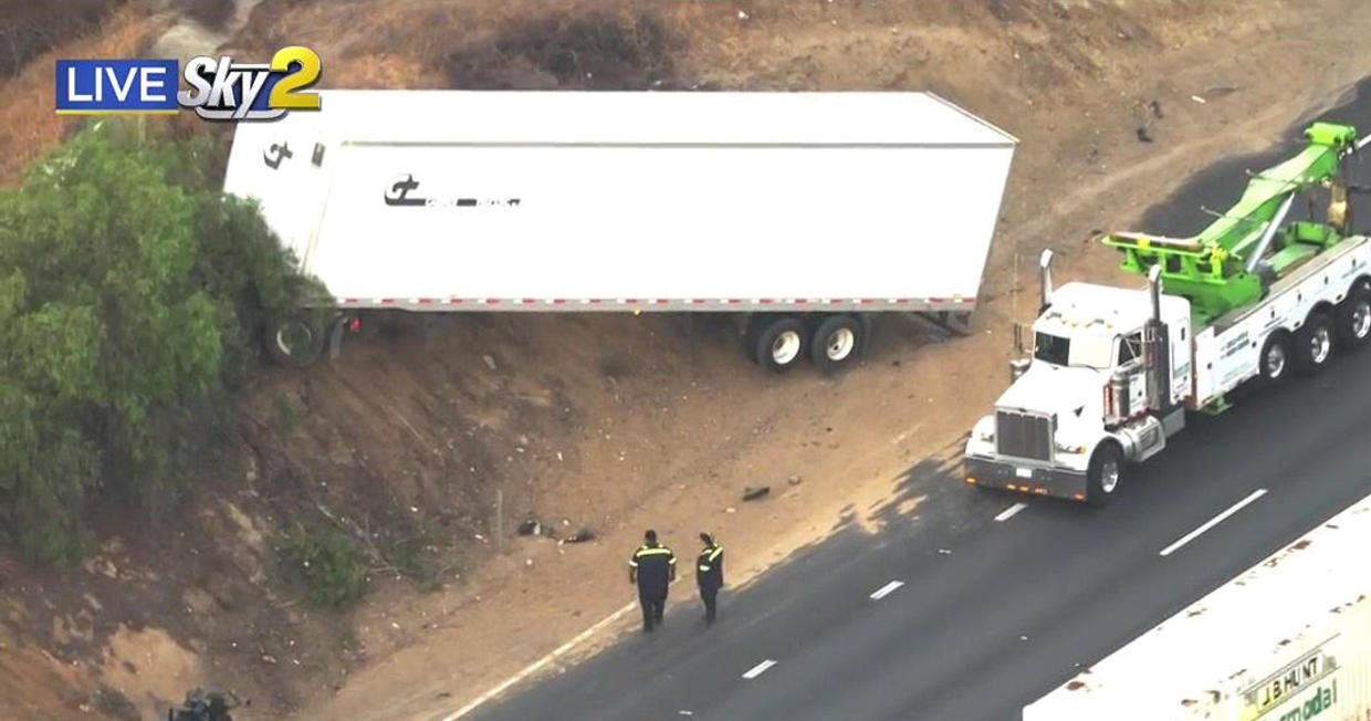 Crash pushes big rig up a hill off the 60 Freeway in Diamond Bar CBS