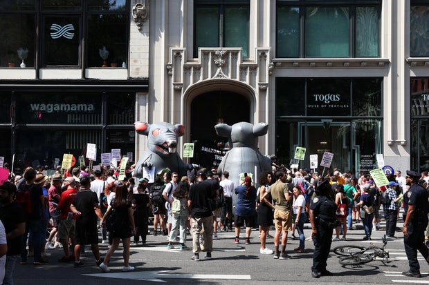 Pro-Union Protestors Rally At NYC Homes Of Jeff Bezos And Howard Schultz