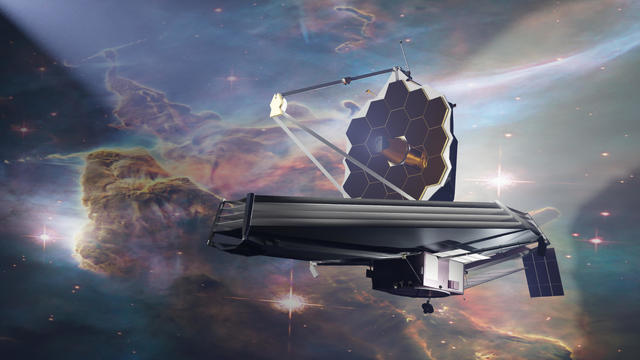 James Webb telescope in outer space. Elemets of thisd iamge furnished by NASA. 3d rendering. 