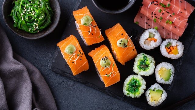 Vegan Sushi, Sashimi and Maki Rolls with Plant based seafood 