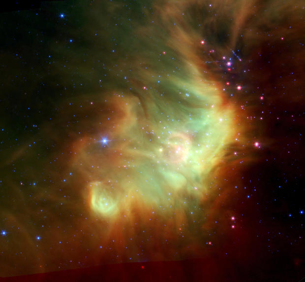 Perseus' Stellar Neighbors Baby stars are forming near the eastern rim of the cosmic cloud Perseus, in this infrared image from NASA's Spitzer Space Telescope. 