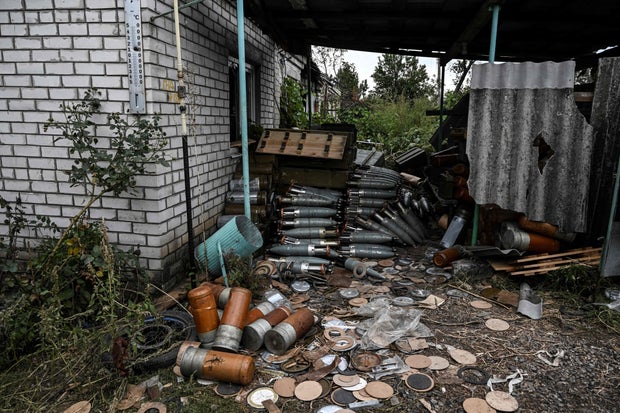 A photograph taken on September 11, 2022, shows abandoned munitions in a village on the outskirts of Izyum, Kharkiv Region, eastern Ukraine, after Russian forces were forced to withdraw from the area