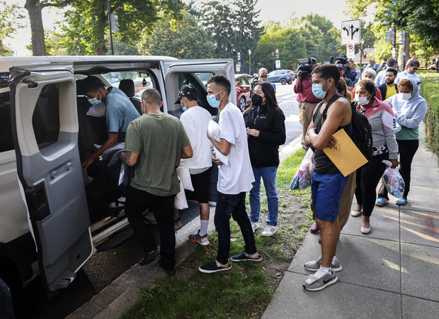 Migrants Sent From Texas By Bus Dropped Off Outside Vice President Harris' Residence 