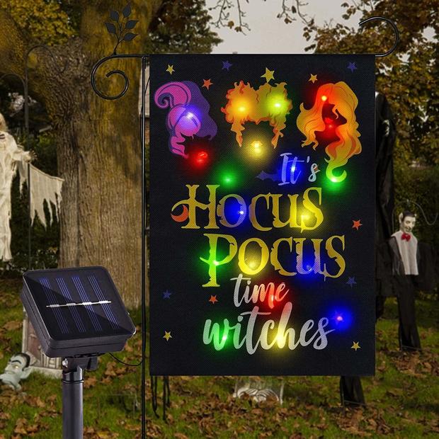 'It's Hocus Pocus Time' solar-lit Halloween garden flag 
