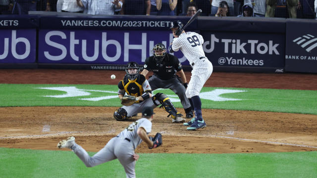 Aaron Judge #99 of the New York Yankees bats against Eric Stout #52 of the Pittsburgh Pirates in the eighth inning during their game at Yankee Stadium on September 21, 2022 in the Bronx borough of New York City. 