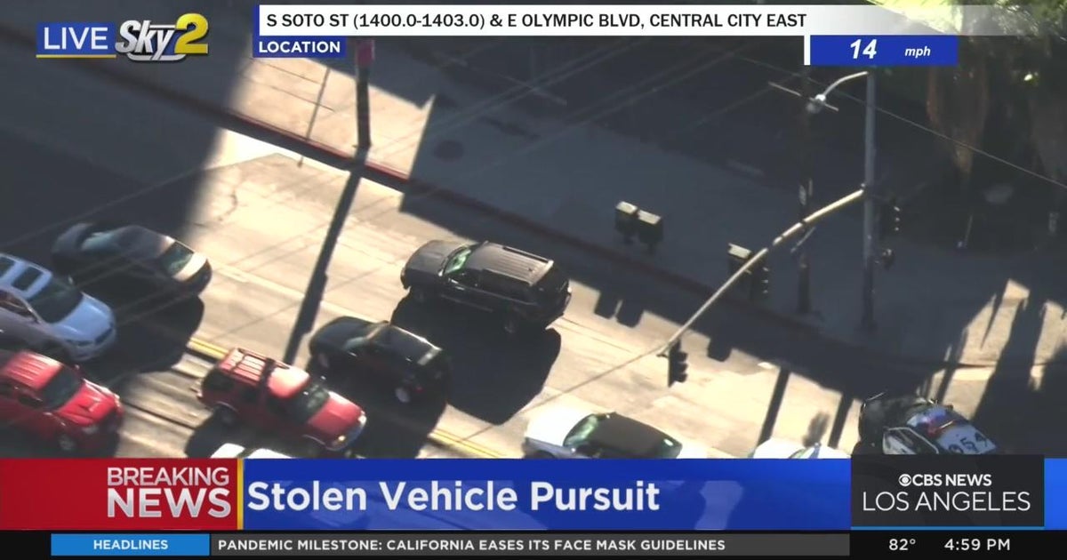 Deputies in a slow-speed pursuit of a stolen vehicle in East LA - CBS ...