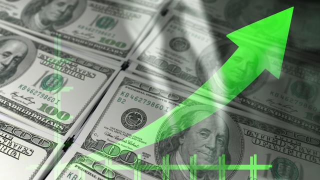 Economy graph: green rising arrow and dollar bills. 