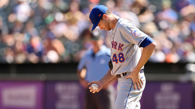 Jacob deGrom #48 of the New York Mets stands on the mound after the Oakland Athletics scored a run in the first inning at RingCentral Coliseum on September 24, 2022 in Oakland, California. 