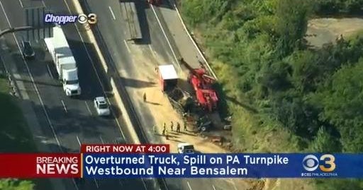 Overturned truck spills dirt on PA Turnpike near Bensalem CBS