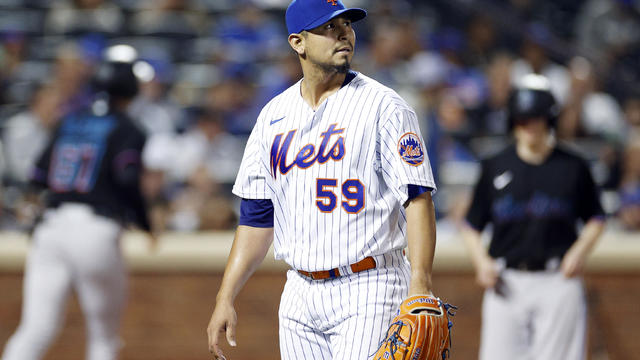 Carlos Carrasco #59 of the New York Mets reacts after pitching during the first inning against the Miami Marlins at Citi Field on September 27, 2022 in the Queens borough of New York City. 