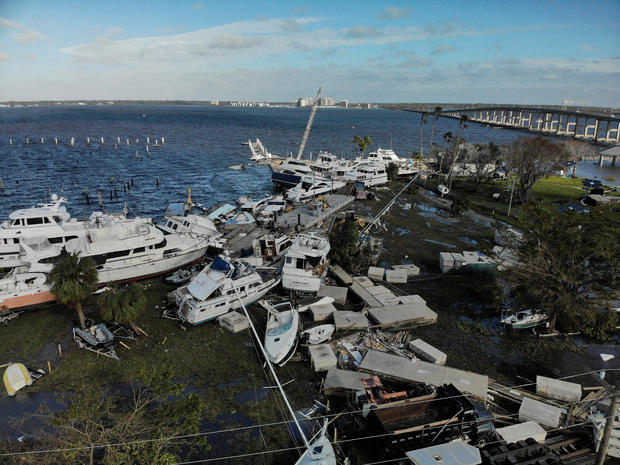 Boats damaged by Hurricane Ian in Fort Myers, Florida 