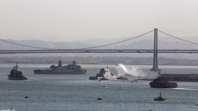 The annual Parade of Ships arrives to San Francisco for Fleet Week on Friday, Oct. 11, 2019, in San Francisco, Calif., greeted by a San Francisco Fire Department fire boat water cannon salute. 