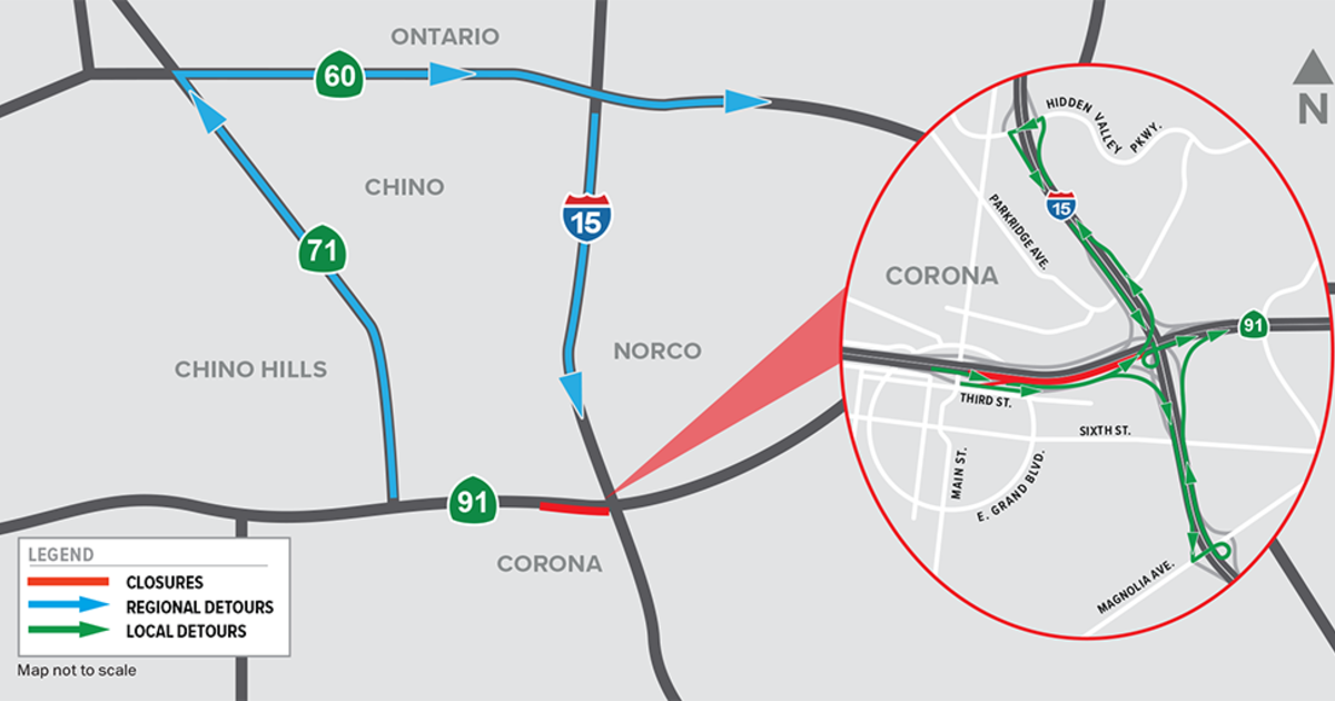 All eastbound 91 Freeway lanes through Corona to be closed all weekend