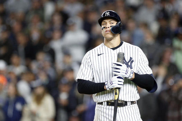 Aaron Judge #99 of the New York Yankees looks on at bat during the eighth inning against the Baltimore Orioles at Yankee Stadium on September 30, 2022 in the Bronx borough of New York City. 