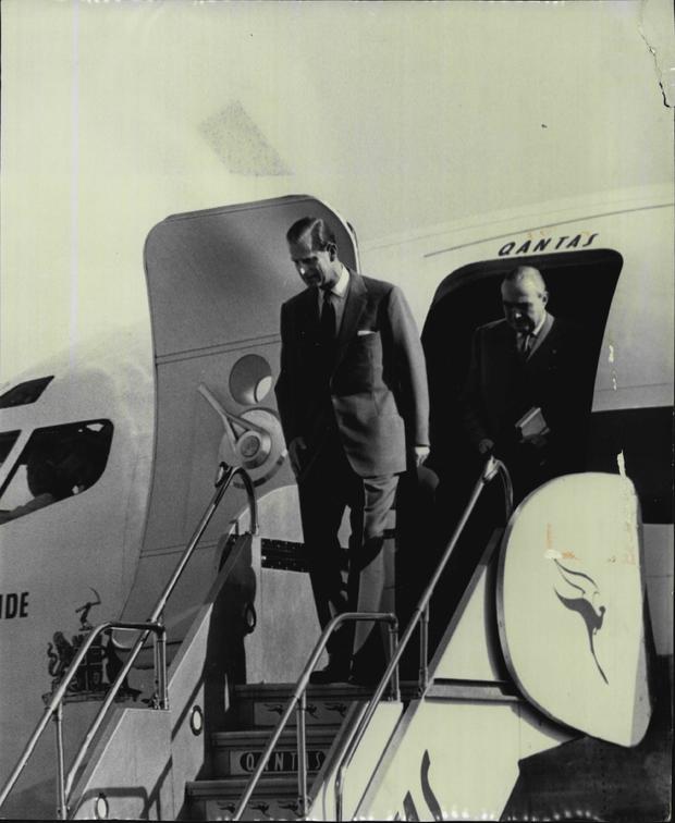Arrival Of The Duke At Mascot -- The Duke of Edinburgh leaving his plane at Mascot today. 