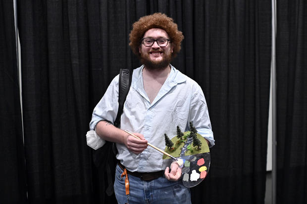 A Bob Ross cosplayer poses during New York Comic Con 2022 on October 06, 2022 in New York City. 