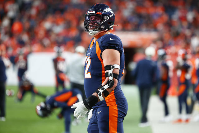 Garett Bolles of the Denver Broncos runs up field against the New York Jest  in the first half of an NFL football game Sunday, Sept. 26, 2021, in Denver.  (AP Photo/Bart Young