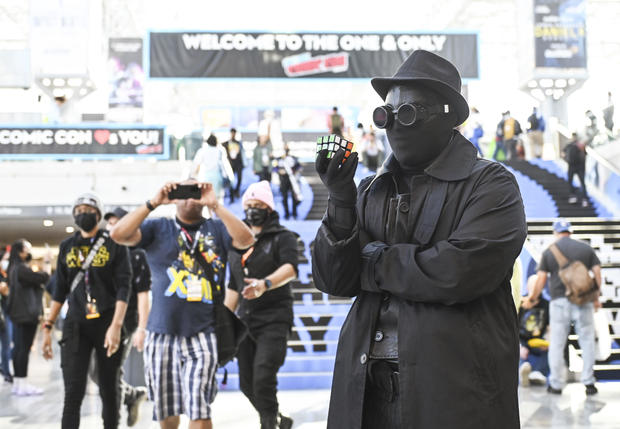 A Spider-Man Noir cosplayer poses during day 1 of New York Comic Con on October 06, 2022 in New York City. 