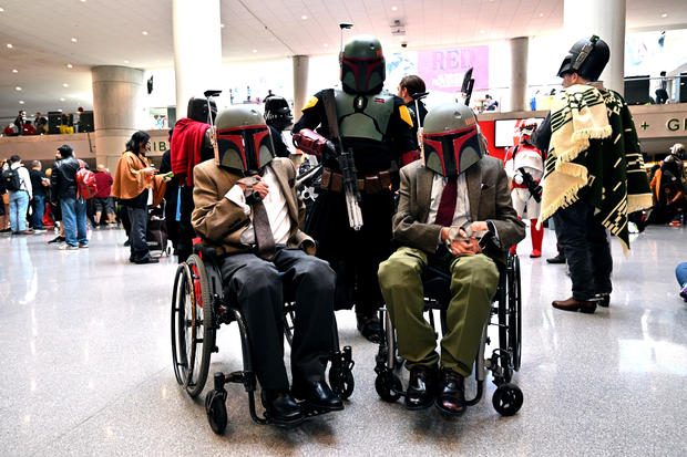 Mandalorian cosplayers pose during New York Comic Con 2022 on October 08, 2022 in New York City. 