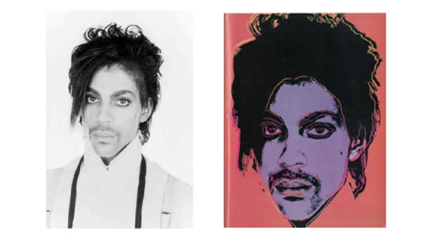 Photo of Prince and an Andy Warhol silkscreen image of the music artist 