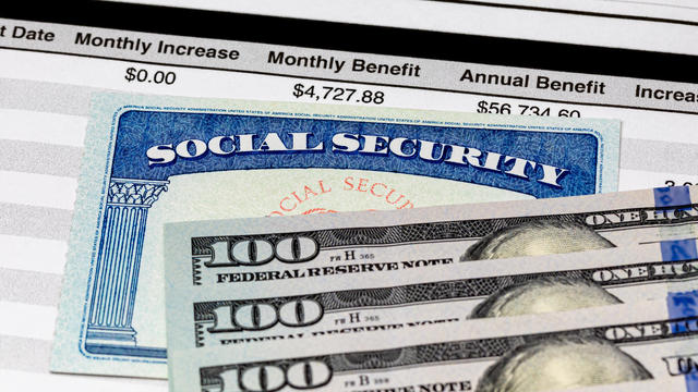 Social Security Card, benefits statement and 100 dollar bills. Social security funding, payment, retirement and federal government benefits concept 