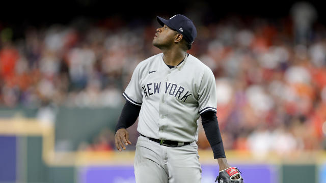 Luis Severino #40 of the New York Yankees reacts after giving up a home run to Alex Bregman #2 of the Houston Astros (not pictured) during the third inning in game two of the American League Championship Series at Minute Maid Park on October 20, 2022 in H 