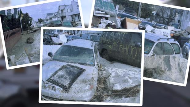 Photos from October 2012 show residential streets that were partially flooded and filled with sand with damaged and half-buried vehicles. 