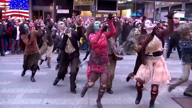 Dancers dressed up like zombies performed Michael Jackson's "Thriller" in Times Square. 