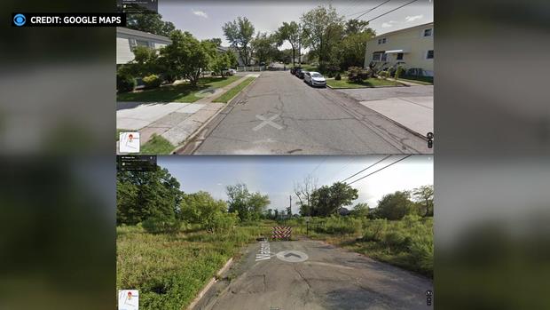 A "before" photo shows a suburban street lined with homes and vehicles. An "after photo" shows grass and trees where the homes once were. 