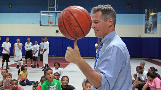 (080811 Dorchester, MA) U.S. Senator Scott Brown shows off his basketball skills as he visits the Boys & Girls Clubs of Dorchester Monday, August 8, 2011. Staff Photo by Matt Stone 