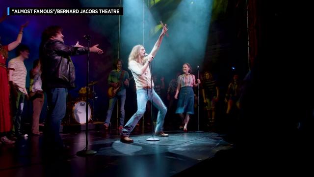 The "Almost Famous" cast performs on stage at the Bernard Jacobs Theatre. 