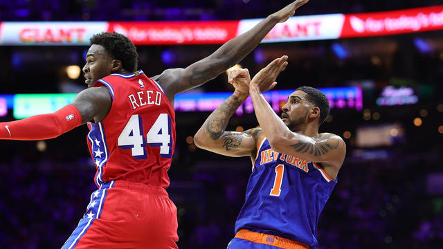 Paul Reed #44 of the Philadelphia 76ers and Obi Toppin #1 of the New York Knicks watch a shot by Toppin during the fourth quarter at Wells Fargo Center on November 4, 2022 in Philadelphia, Pennsylvania. 