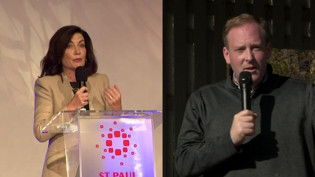 Two side-by-side photos show Gov. Kathy Hochul and Rep. Lee Zeldin speaking at campaign events. 