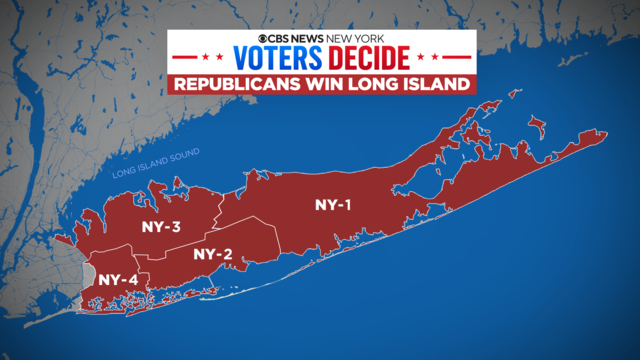 A graphic showing a map highlighting all four of Long Island's congressional districts in red. 