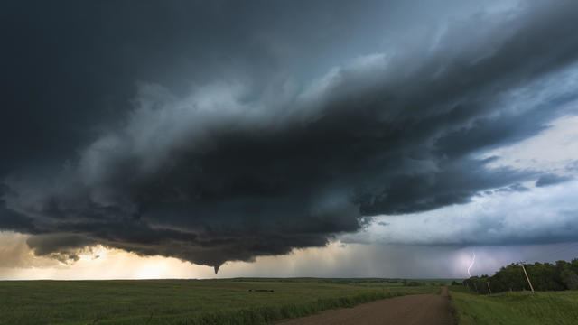 Tornado funnel cloud with lightning, North Dakota. USA 