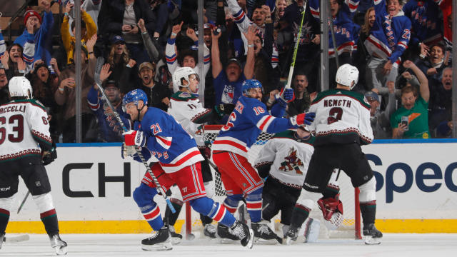 Barclay Goodrow #21 of the New York Rangers celebrates after scoring a goal in the second period against the Arizona Coyotes at Madison Square Garden on November 13, 2022 in New York City. 