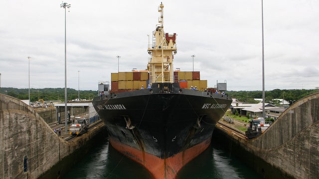 A cargo ship goes through the east chann