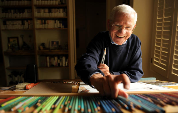 BEVERLY HILLS, CALIFORNIA MARCH 22, 2013-Actor Robert Clary, 87, enjoys pencil painting at his house 