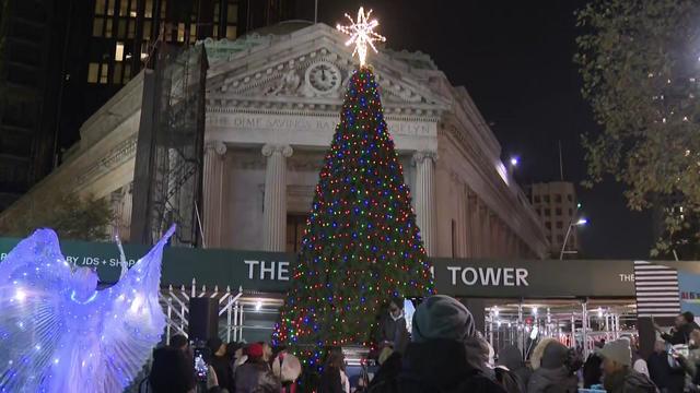 A Christmas tree is lit in Downtown Brooklyn. 
