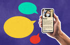 Illustration Credit: Eric Harkleroad/KHN illustration; Getty Images Alt - text for accessibility: An illustration shows someone holding a phone with a public health nurse's profile on a dating app. Her profile bio has a message about STI testing. Beside the phone are colored speech bubbles. 