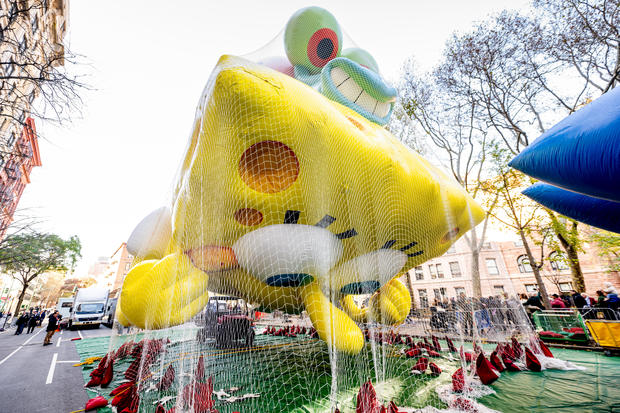 The SpongeBob SquarePants balloon is being inflated during the 96th Macy's Thanksgiving Day Parade balloon inflation at Central Park on November 23, 2022 in New York City. 